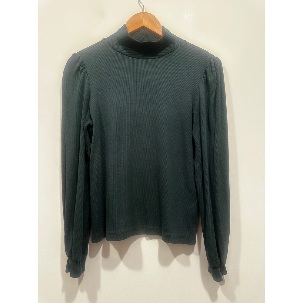 Marine Layer Ribbed Mock Neck Puff Sleeve Top Green Tencel Blend Small 18258